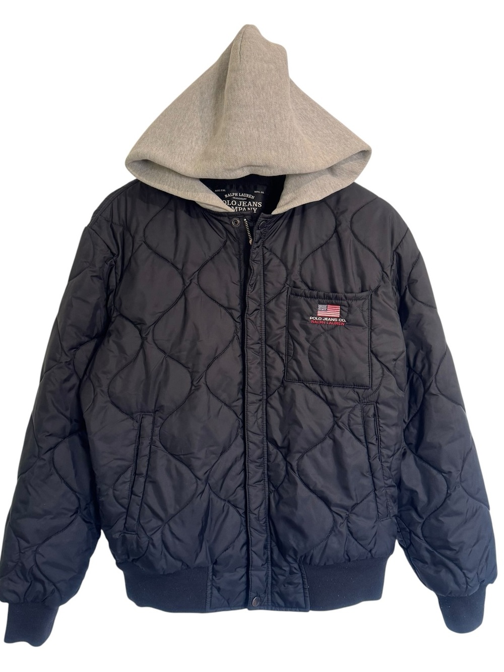 VTG Polo Jeans Co Ralph Lauren Black Quilted Puffer Hood Bomber Jacket Size S